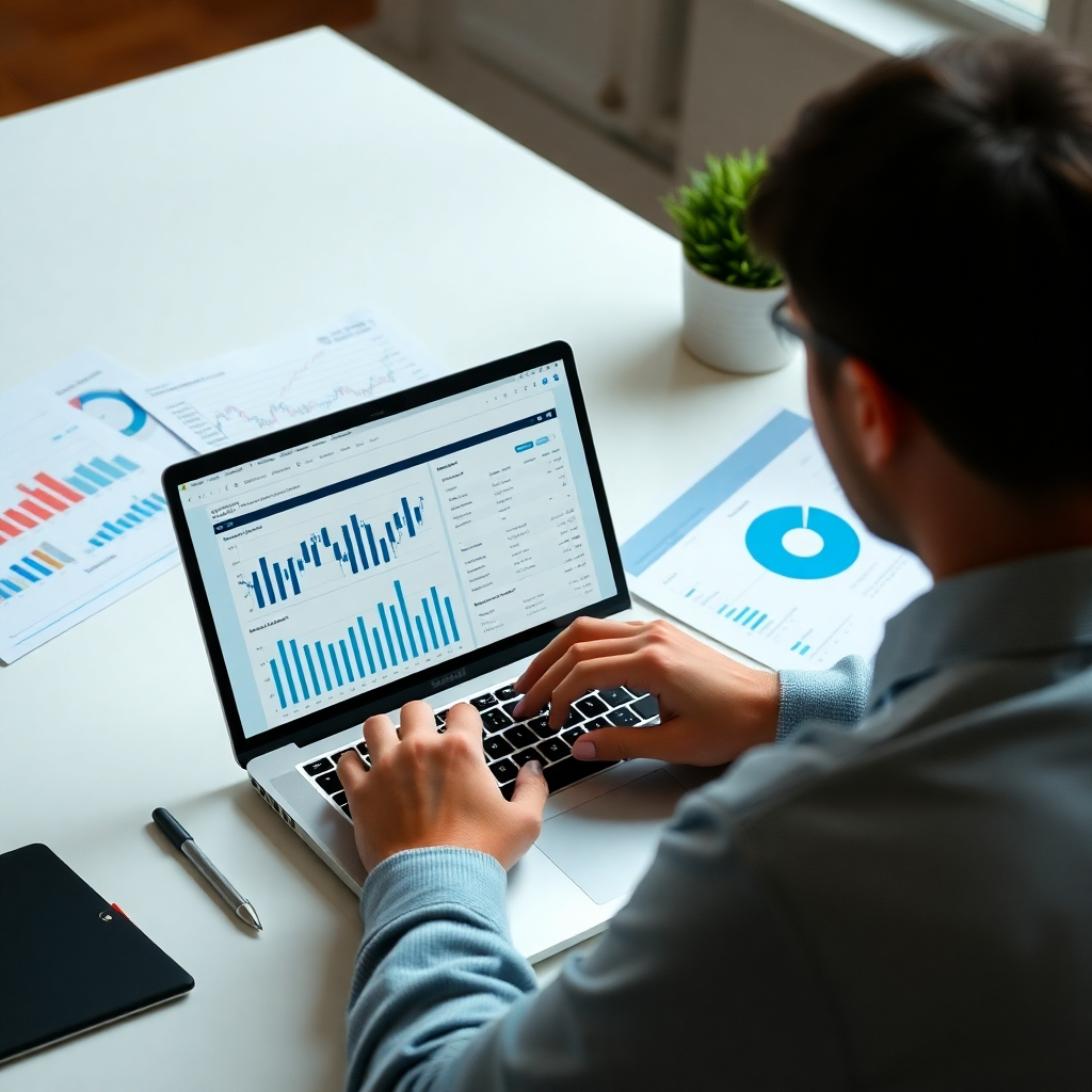 A photorealistic image of a person working on a laptop, analyzing market data charts and graphs. Show a clean, well-organized workspace with relevant documents and charts visible.