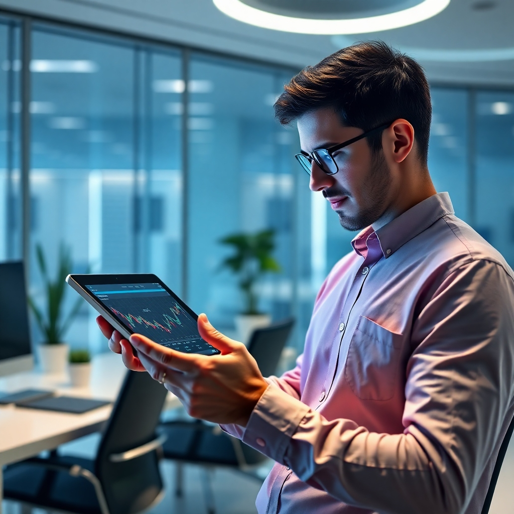 A photorealistic image of a person confidently reviewing stock market charts on a tablet, with a background showcasing a futuristic, clean, and modern office space.  Graphs should display positive growth and visually represent passive income generation.