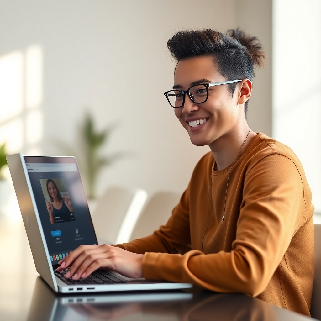 A photorealistic image of a person smiling while easily navigating HumanBot's interface on a sleek laptop. The background should be a modern, minimalist office space with soft, natural lighting. The overall feel should be welcoming and stress-free, reflecting the user-friendliness of the software.  Use a shallow depth of field to emphasize the person's interaction with the laptop. The image should have a calm, inviting atmosphere, highlighting the ease of use and accessibility.