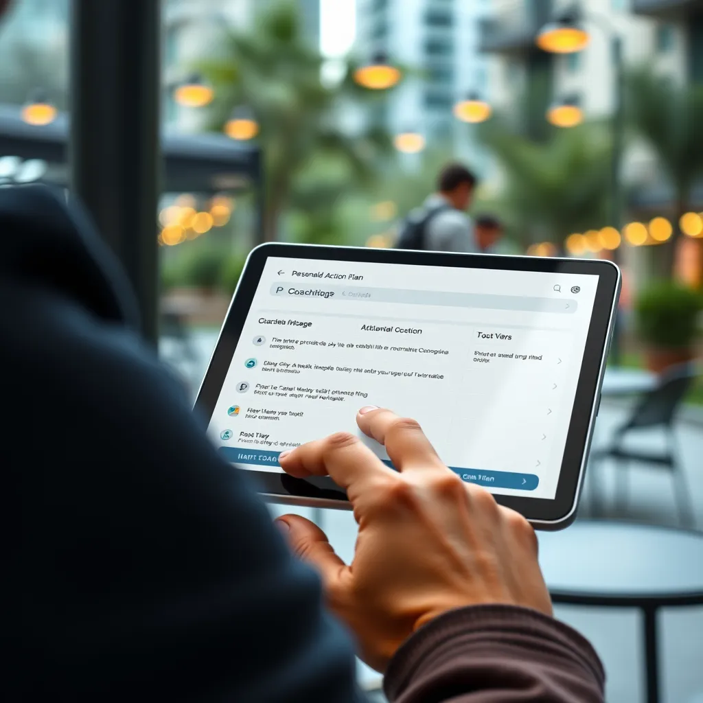 A photorealistic image of a person using a tablet to access a coaching app. The app interface should display a personalized action plan with specific tasks and milestones. The background should be a vibrant and inspiring setting, such as a city park or a bustling co-working space.