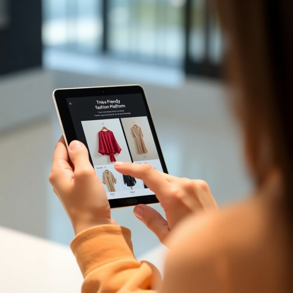 A photorealistic image of a person using a tablet or smartphone to easily navigate a user-friendly interface for managing the fashion rental platform. The focus should be on the intuitive design of the app or website. The lighting should be even and bright. The image must be high quality, conveying the usability of the technology.