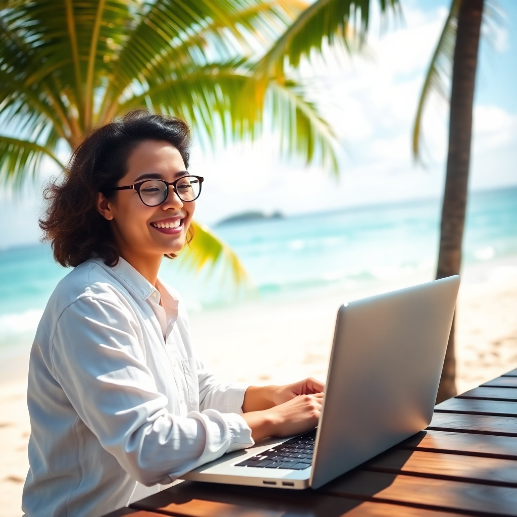 A photorealistic image of a person smiling and working on a laptop by a beach, with a tropical backdrop. The lighting should be bright and sunny, the colors vibrant, and the overall mood peaceful yet productive.