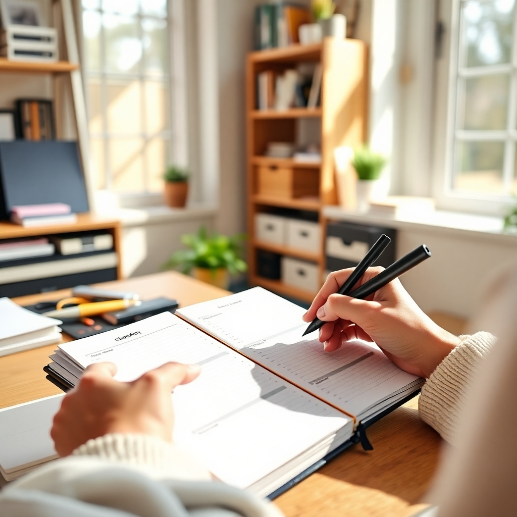 A photorealistic image of a person using a planner to meticulously plan their side hustle goals. The setting could be a well-organized home office with natural light streaming in. Focus on details like the texture of the planner's pages and the warm lighting.