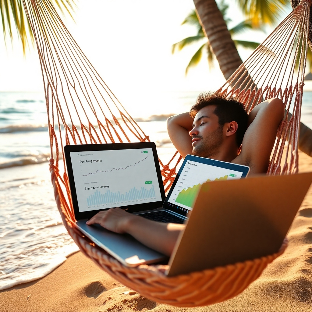 A photorealistic image of a person sleeping peacefully in a hammock on a tropical beach, while their laptop displays charts showing increasing passive income. The scene is bathed in warm sunlight, with gentle waves lapping at the shore. The composition emphasizes relaxation and financial security. Camera angle: Medium shot, focusing on the person in the hammock. Style: Lifestyle photography with a hint of fantasy.