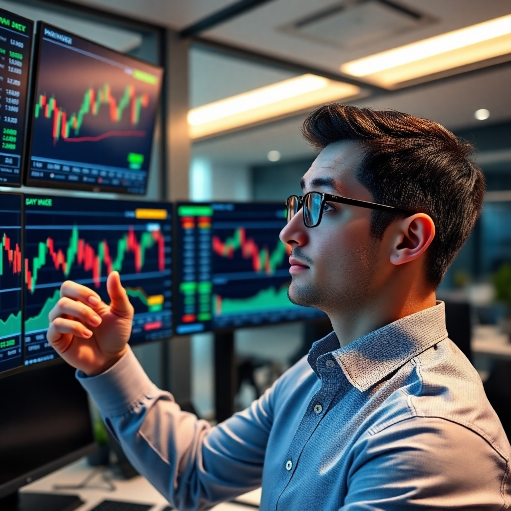 A photorealistic image of a person confidently looking at multiple screens displaying stock market graphs, with a subtle overlay of money and dividend payout notifications. The background should feature a professional, modern office setting, symbolizing financial success.