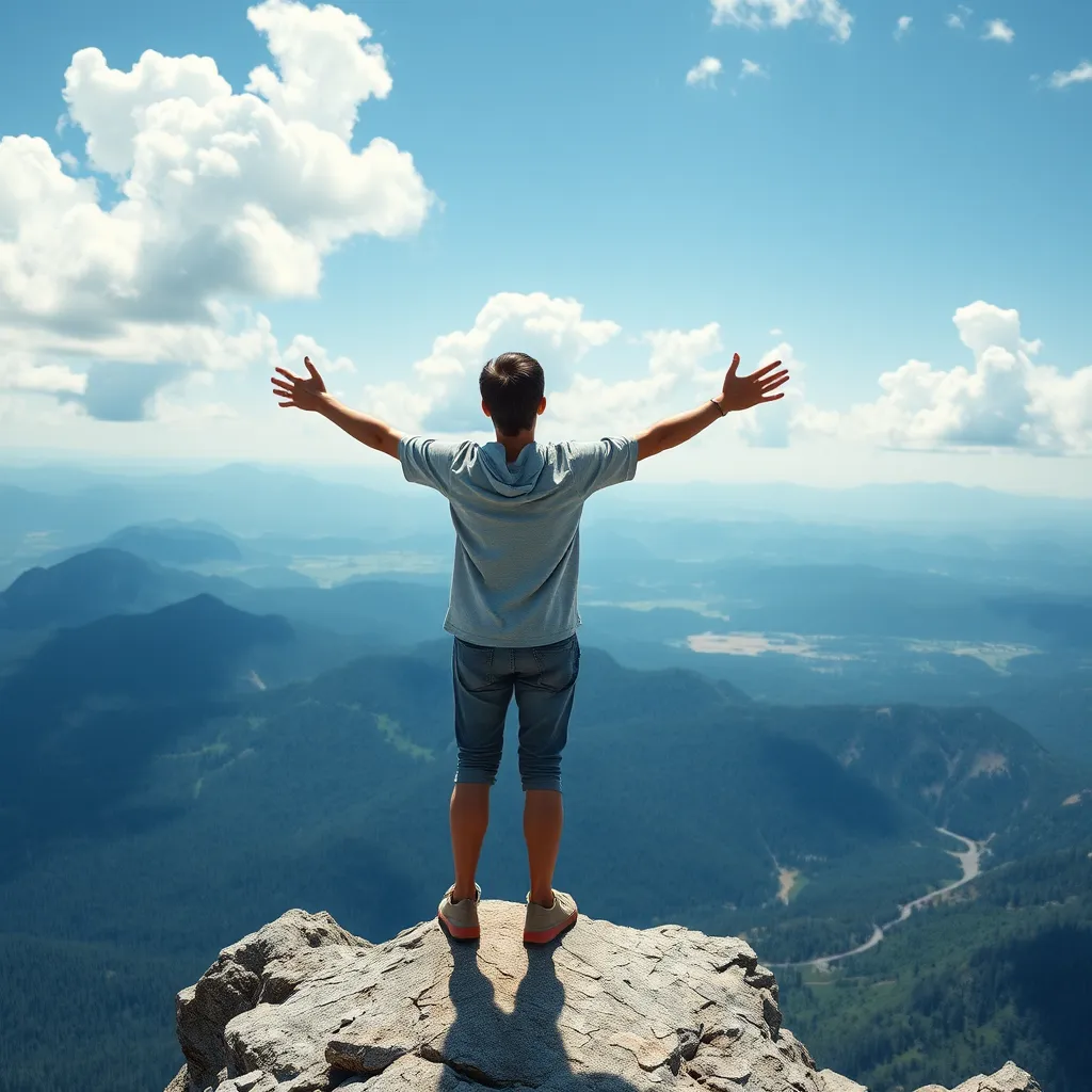A photorealistic image of a person standing on a mountain peak, arms outstretched, looking at a vast, inspiring vista. The sky is bright blue with fluffy white clouds. The person is wearing casual clothing and looks confident and optimistic. The image should evoke a sense of freedom and possibility.
