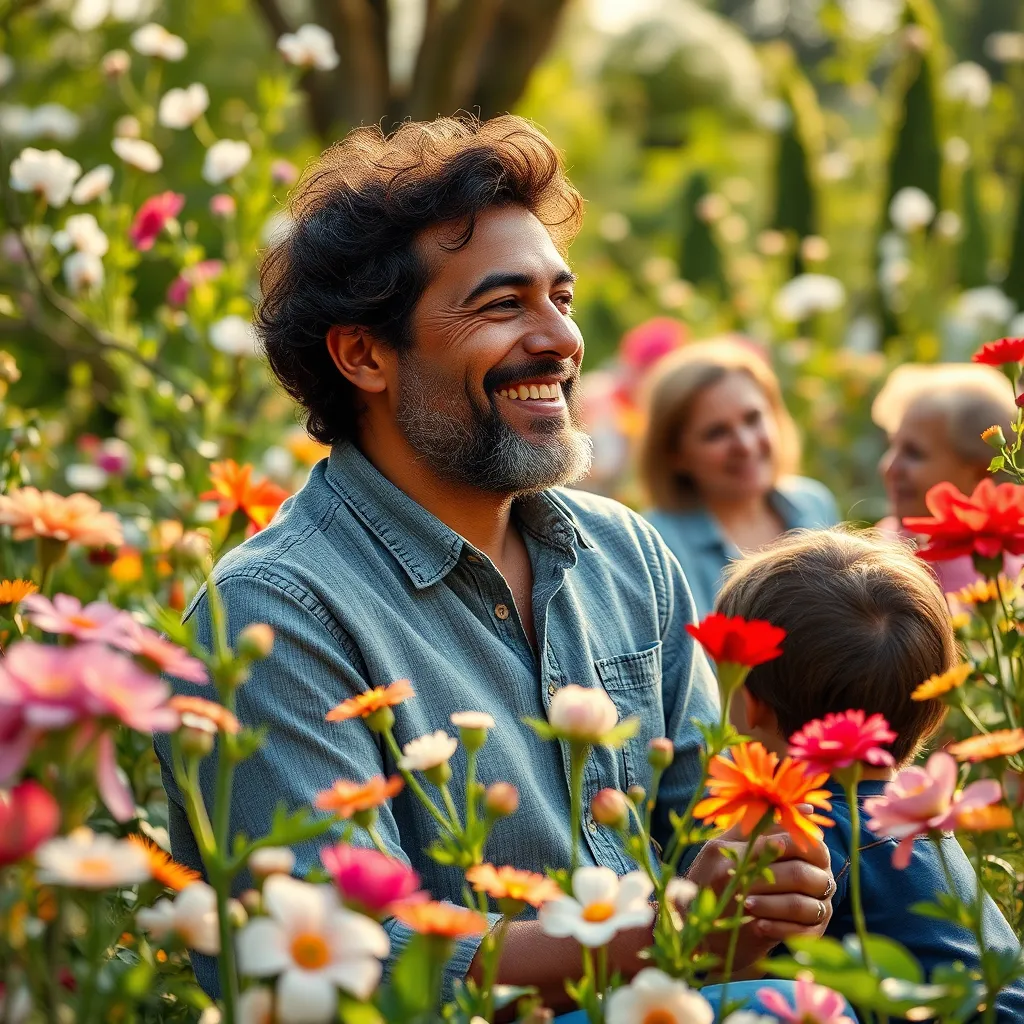 A photorealistic image of a person surrounded by positive elements of a fulfilling life. They are in a beautiful garden with flowers blooming, surrounded by loved ones, and engaged in activities that bring them joy. The image should radiate happiness, peace, and satisfaction.