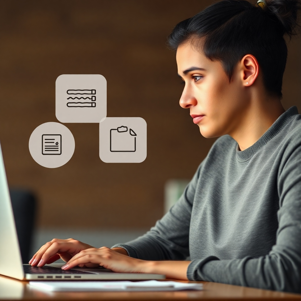 A photorealistic image of a person thoughtfully looking at a laptop screen, with various icons related to different online niches (e.g., writing, design, marketing) hovering around them. The background should be blurred to keep the focus on the person and the ideas. The image should feel contemplative yet hopeful.