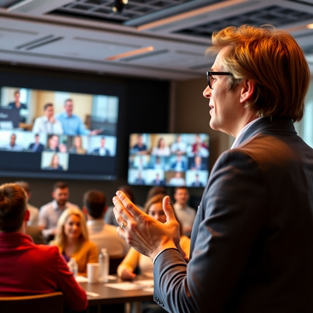 A photorealistic image of a person confidently speaking at a virtual conference, with a diverse audience of participants engaging actively through chat and video. The screen should display a professional presentation, highlighting the speaker's expertise. The lighting should be dynamic and engaging, capturing the energy of the virtual event. The overall composition should convey professionalism and engagement.