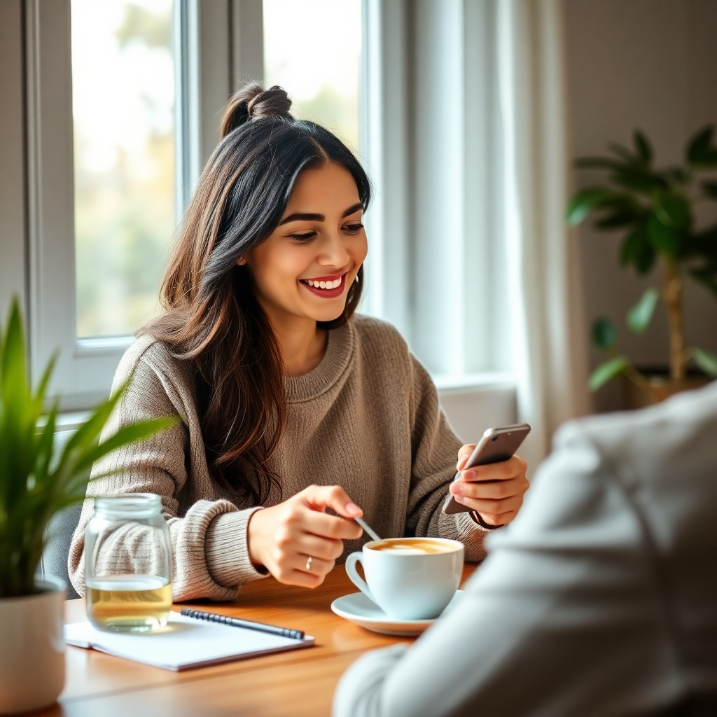 A photorealistic image of a person having a productive morning and performing their morning routine with a smile on their face. Show happiness and consistency. The image should portray the feeling of a morning well spent and a clear path ahead.