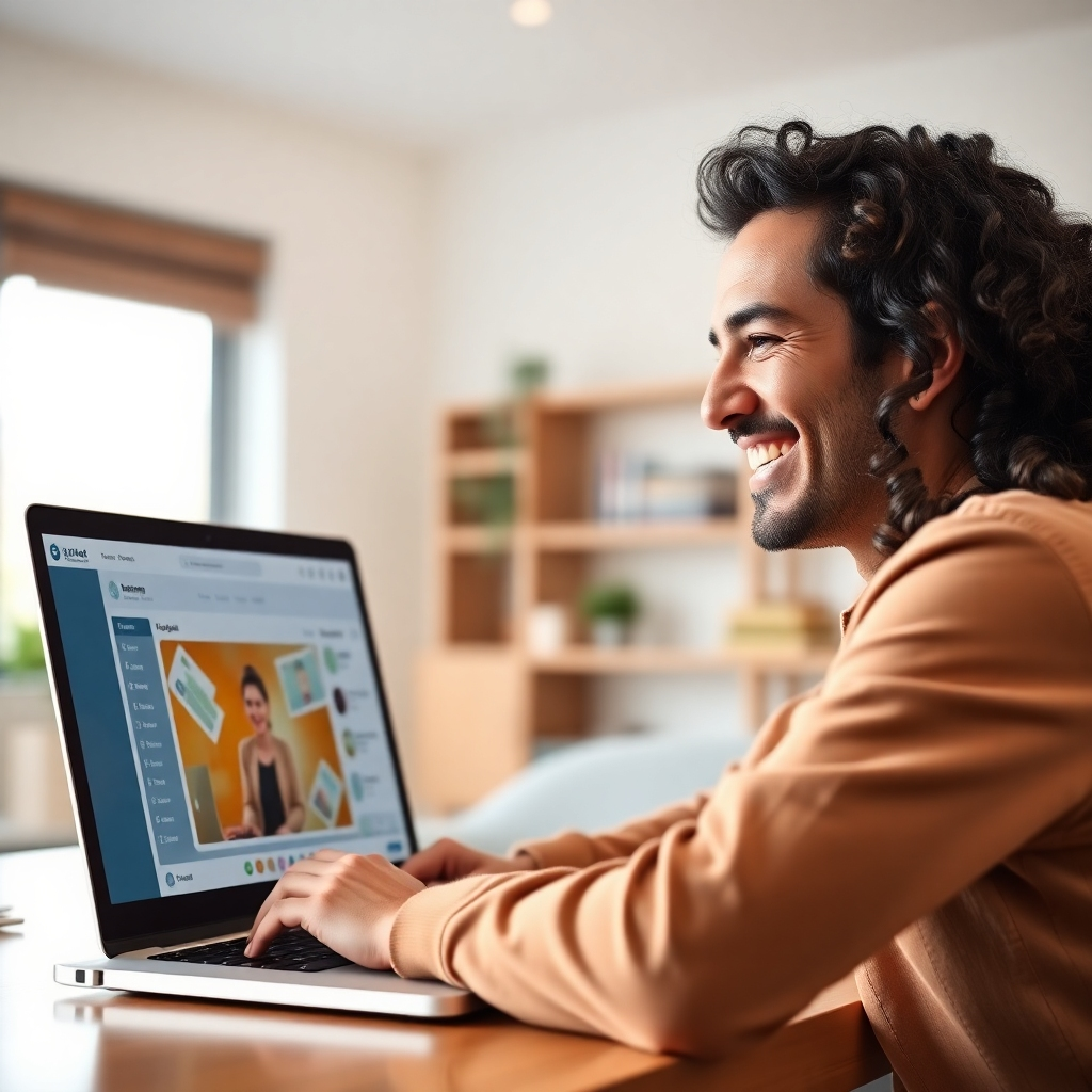 A photorealistic image of a person smiling and looking at a laptop screen showing a simplified, clean interface of an online course dashboard. The room is bright and airy, emphasizing a welcoming and easy-to-learn atmosphere.  The laptop should be modern and sleek.