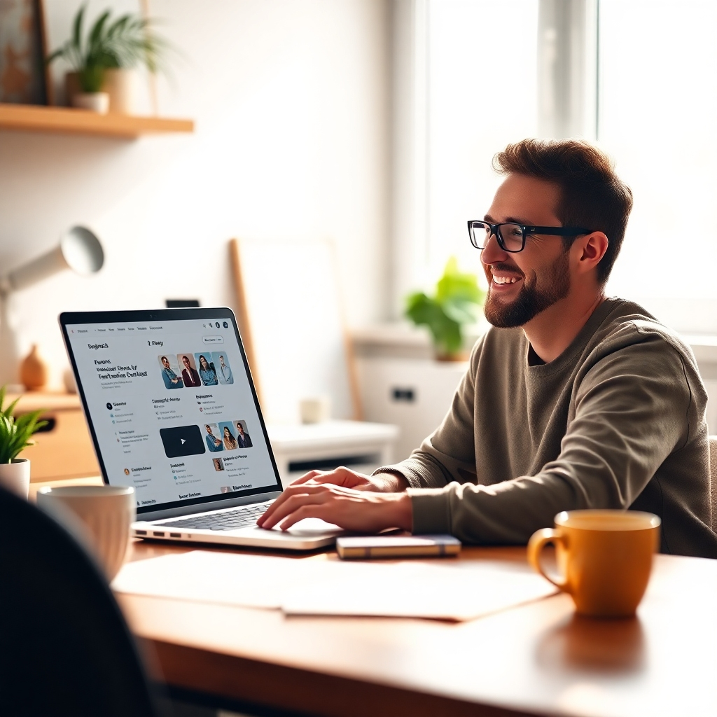 A photorealistic image of a person working happily on a laptop, bathed in soft, natural light. Their workspace is tidy and inspiring, featuring a minimalist design with a few personal touches. The laptop screen displays a freelancing platform interface with project listings and client communications. A cup of coffee sits nearby. Focus is on the focused expression and the sense of accomplishment. The color palette is warm and inviting, with a subtle depth of field to draw attention to the person and the laptop. 8k resolution, hyperrealistic.