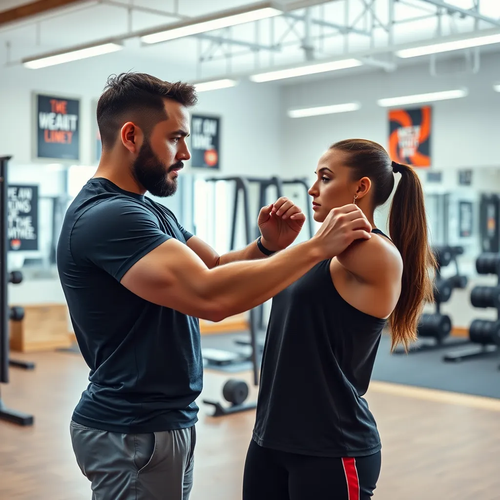 A photorealistic image of a personal trainer working closely with a client in a gym setting. The trainer is demonstrating a proper exercise technique, while the client is focused and engaged. The gym environment is bright and welcoming, with motivational posters and inspiring quotes on the walls.