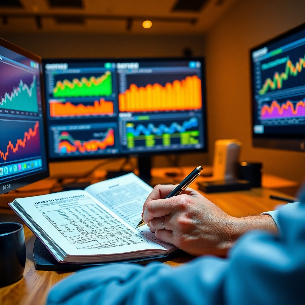 A photorealistic image of a person writing detailed notes in a notebook, surrounded by a digital workspace with screens displaying graphs and financial data.  The lighting should be warm and inviting.