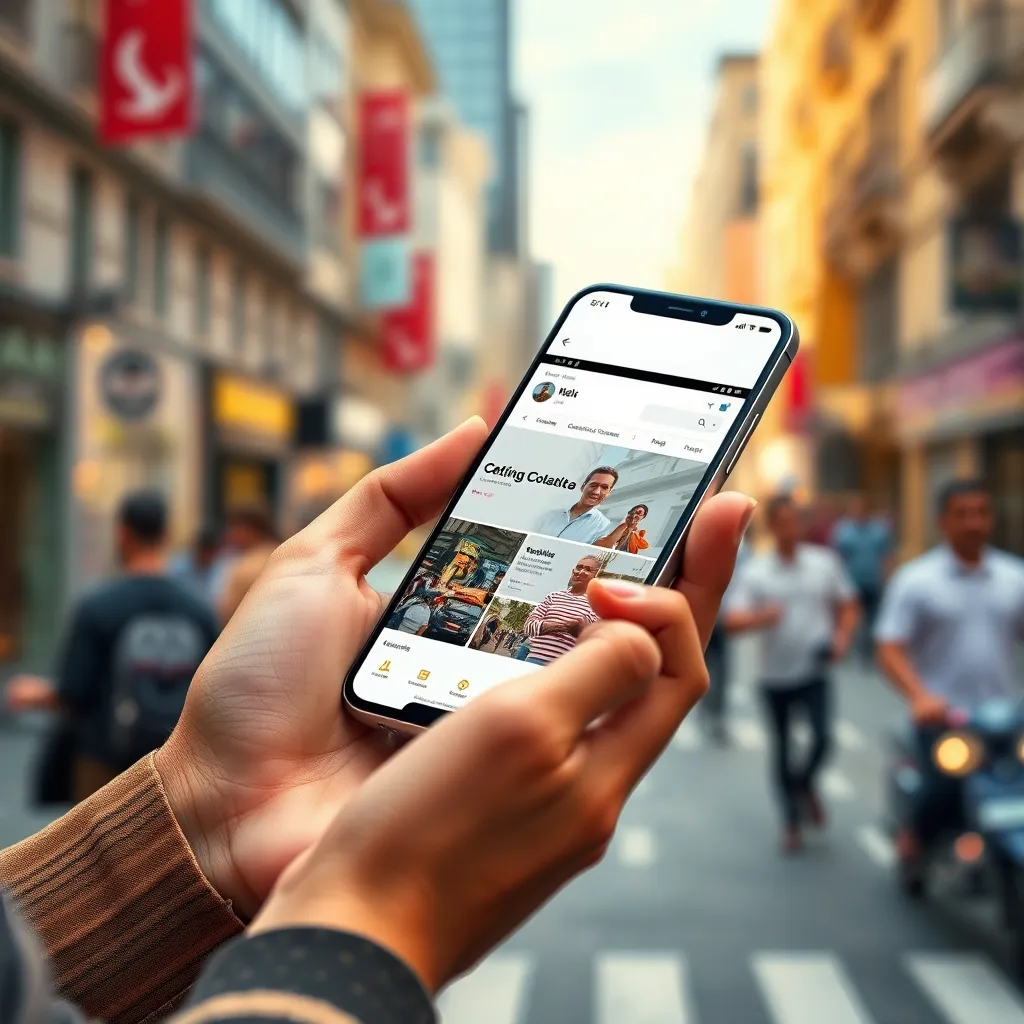 A photorealistic image of a person browsing a website on a sleek, modern smartphone. The website design should be clean, user-friendly, and responsive. The image should capture the ease of navigating the website on a mobile device. The background should be a blurred image of a bustling city street, emphasizing the dynamic and accessible nature of the website. The lighting should be soft and natural, simulating daylight conditions. The image should have a contemporary, vibrant style, influenced by the work of photographers like Steve McCurry.