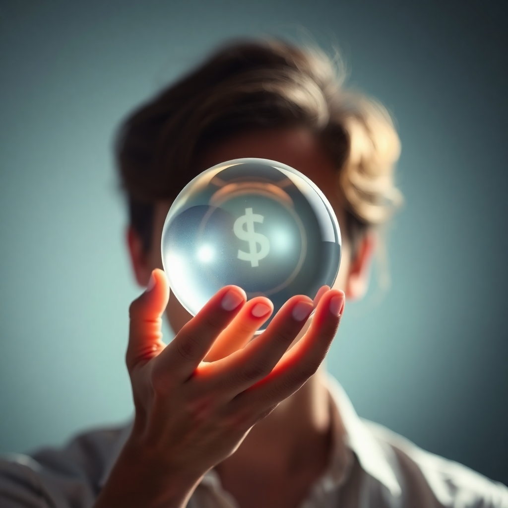 A photorealistic image of a person visualizing financial success through a clear crystal ball, showing a bright future and financial abundance.  Use a soft focus and dreamy lighting effects to create an ethereal atmosphere.