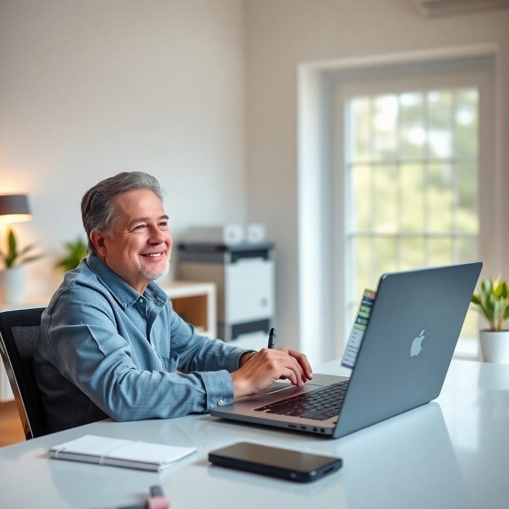 A photorealistic image of a person sitting at a desk, using a laptop to write, with a satisfied expression on their face. The laptop screen should display the SAITS4U HumanTalk interface, with various AI-generated content displayed.  The setting should be a modern, bright home office.  High-quality lighting and detailed textures are important, maintaining a professional and clean style.