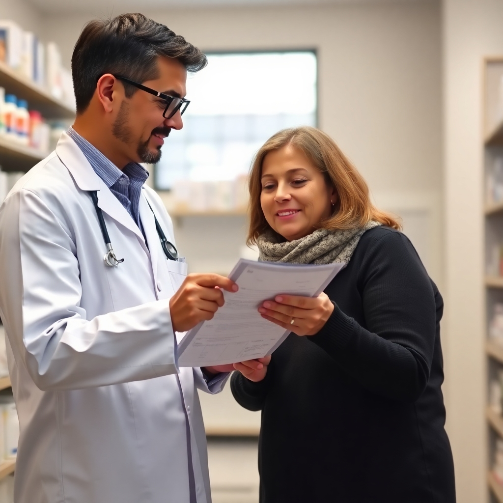 A photorealistic image of a pharmacist and patient discussing a medication plan. The image should highlight the personalized attention and expert guidance provided during medication therapy management sessions. Style: Warm, caring, and professional setting.