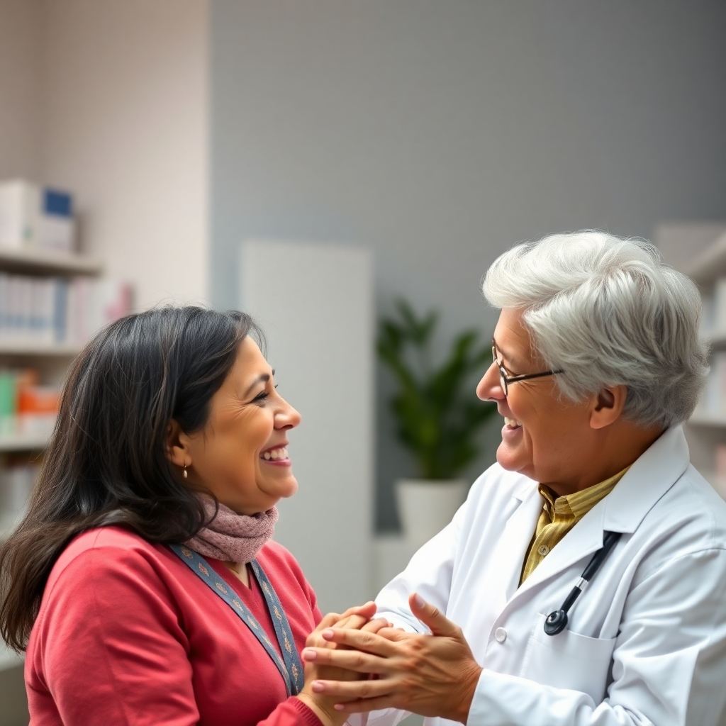 A photorealistic image of a pharmacist warmly interacting with a patient. The image should be focused on the positive interaction and portray a supportive and trusting environment. The overall feeling should be warm, compassionate, and professional, reflecting the care and empathy of the pharmacy team. Style should reflect emotional connection, compassion, and attentive care.