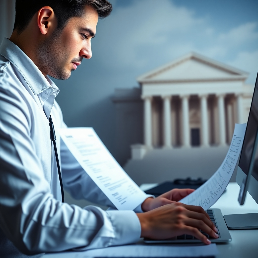 A photorealistic image of a professional working on a computer, with various tax documents and a checklist visible.  The background shows a subtle image of a government building or a courthouse, representing legal compliance.  The overall tone should be one of security and accuracy.