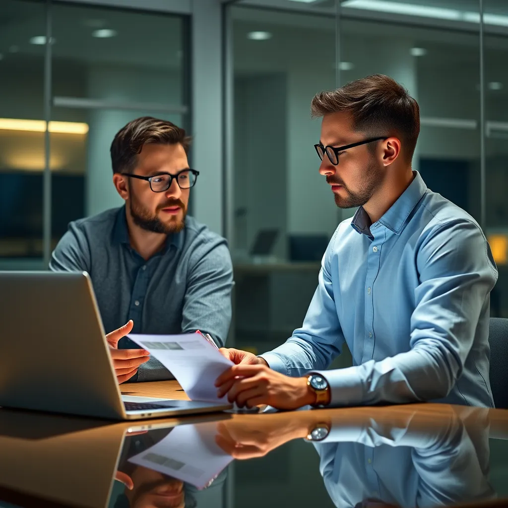 A photorealistic image of a professional meeting between a client and a SAITS4U web developer. The client is expressing their ideas and the developer is actively listening and taking notes, with a laptop open to a website design mockup. The background should be a modern, professional office setting.