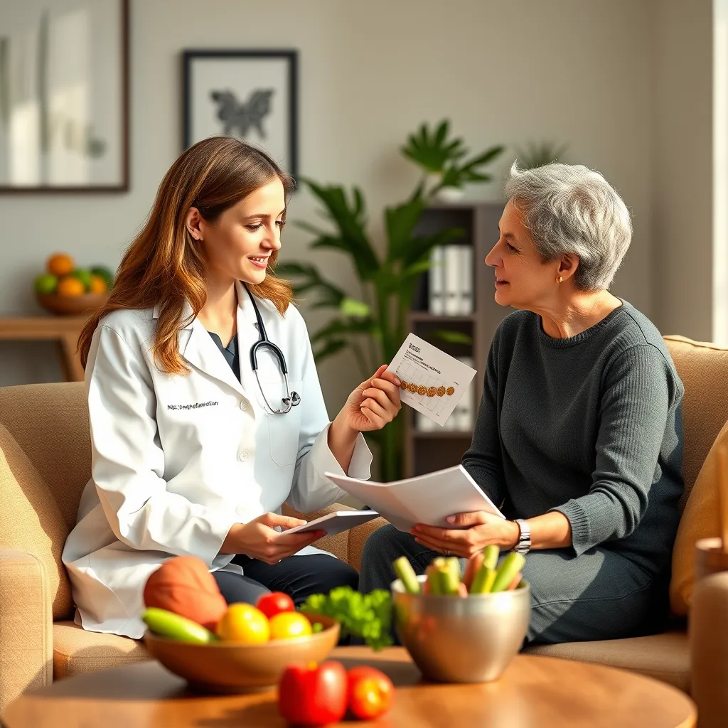 A photorealistic image of a registered dietitian meeting with a client in a comfortable, modern office setting. The dietitian is explaining a meal plan and providing personalized nutrition advice, using visual aids such as food models and charts. The client is actively listening and engaging in the conversation, showing interest and understanding. The image should convey a sense of trust, expertise, and support. The style should be similar to a health and wellness magazine photoshoot, with soft, natural lighting, warm color tones, and a calm and inviting atmosphere. Render at 8K resolution with high-quality details and textures, emphasizing the importance of healthy eating for overall well-being.