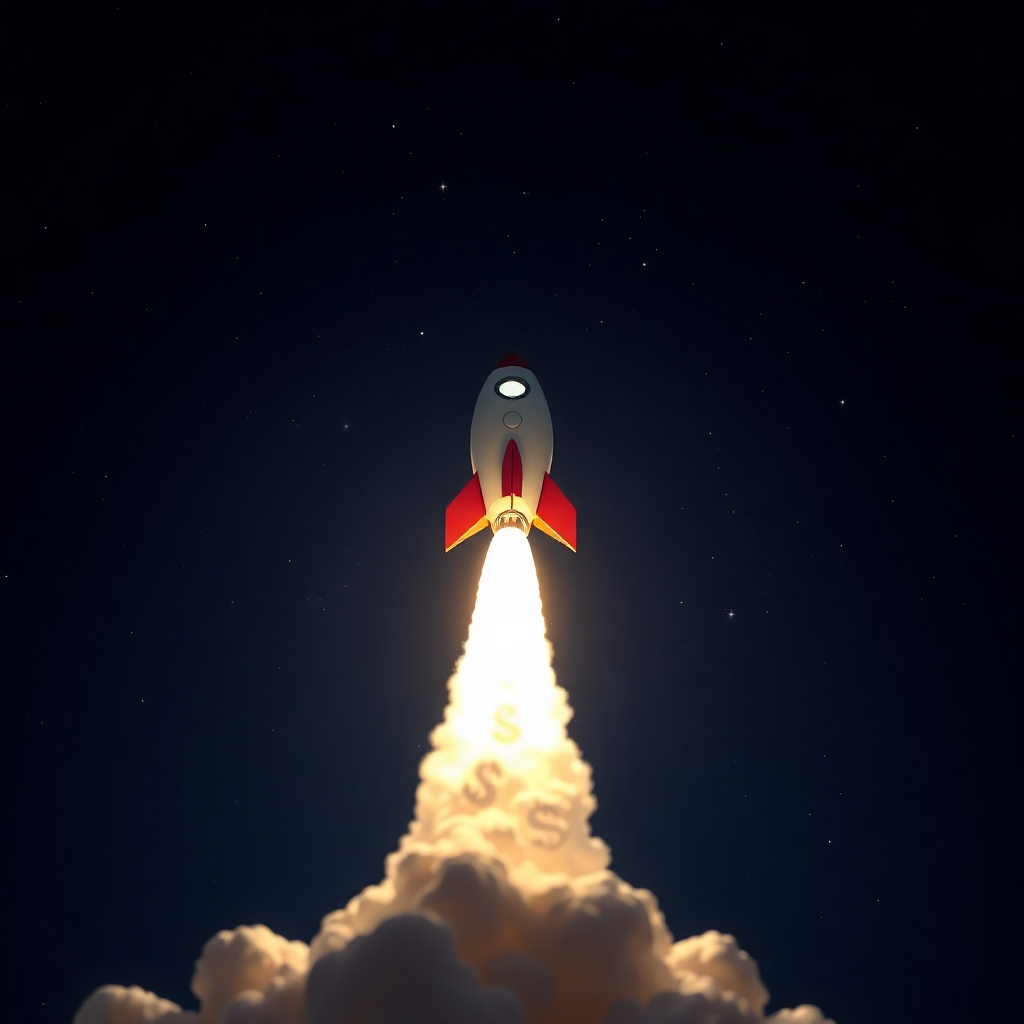 A photorealistic image of a rocket ship taking off into a starry sky, symbolizing growth and expansion. The rocket is leaving behind a trail of dollar signs, representing the potential for financial success. The background is a deep, dark blue, with bright stars scattered across the sky. The lighting is focused on the rocket and the trail of dollar signs. The camera angle is low, looking up at the rocket as it ascends.