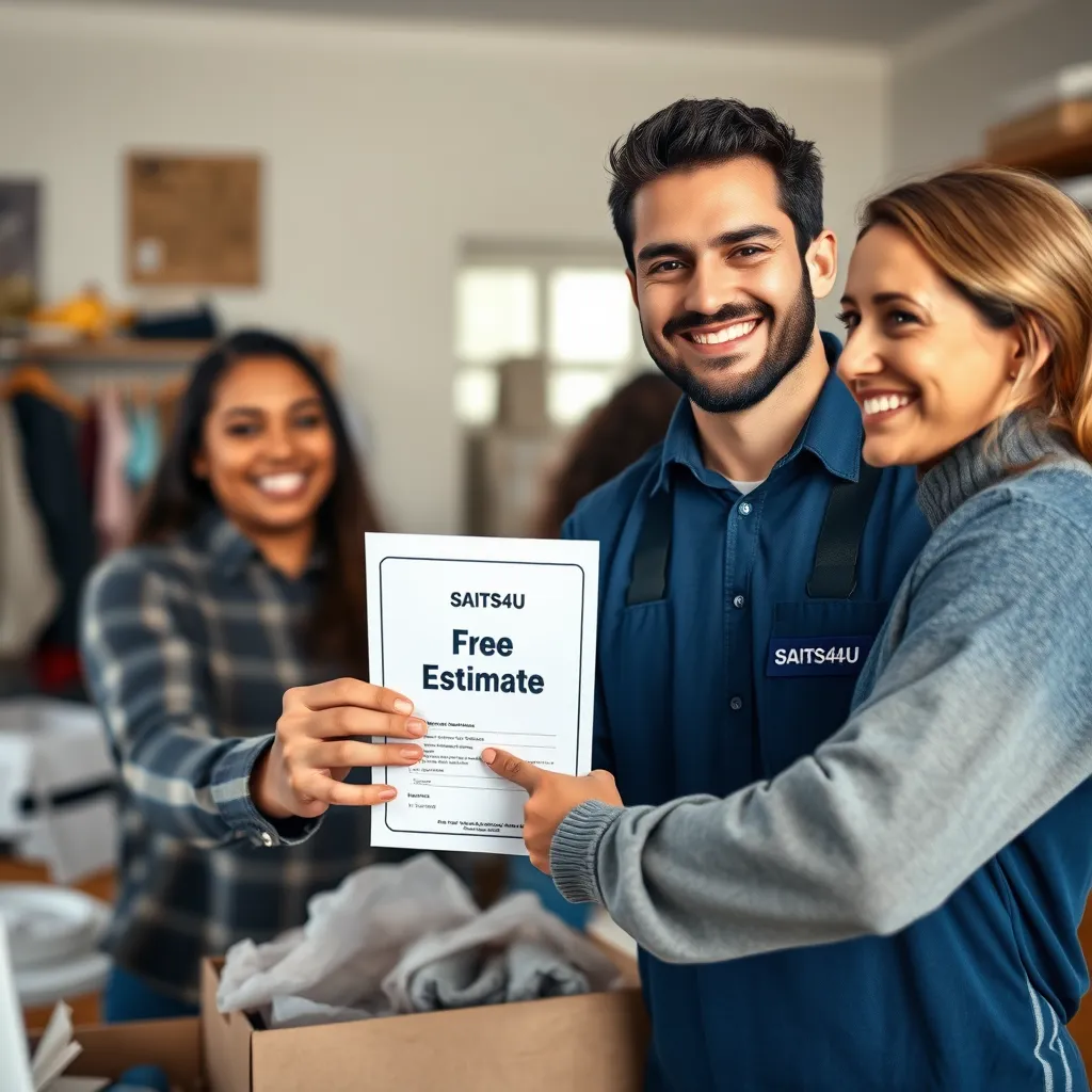 A photorealistic image of a SAITS4U representative smiling and handing a customer a document labeled 'Free Estimate'. The customer should also be smiling and looking happy, conveying a sense of trust and satisfaction. The image should be set in a home environment with a cluttered background to emphasize the problem SAITS4U solves.