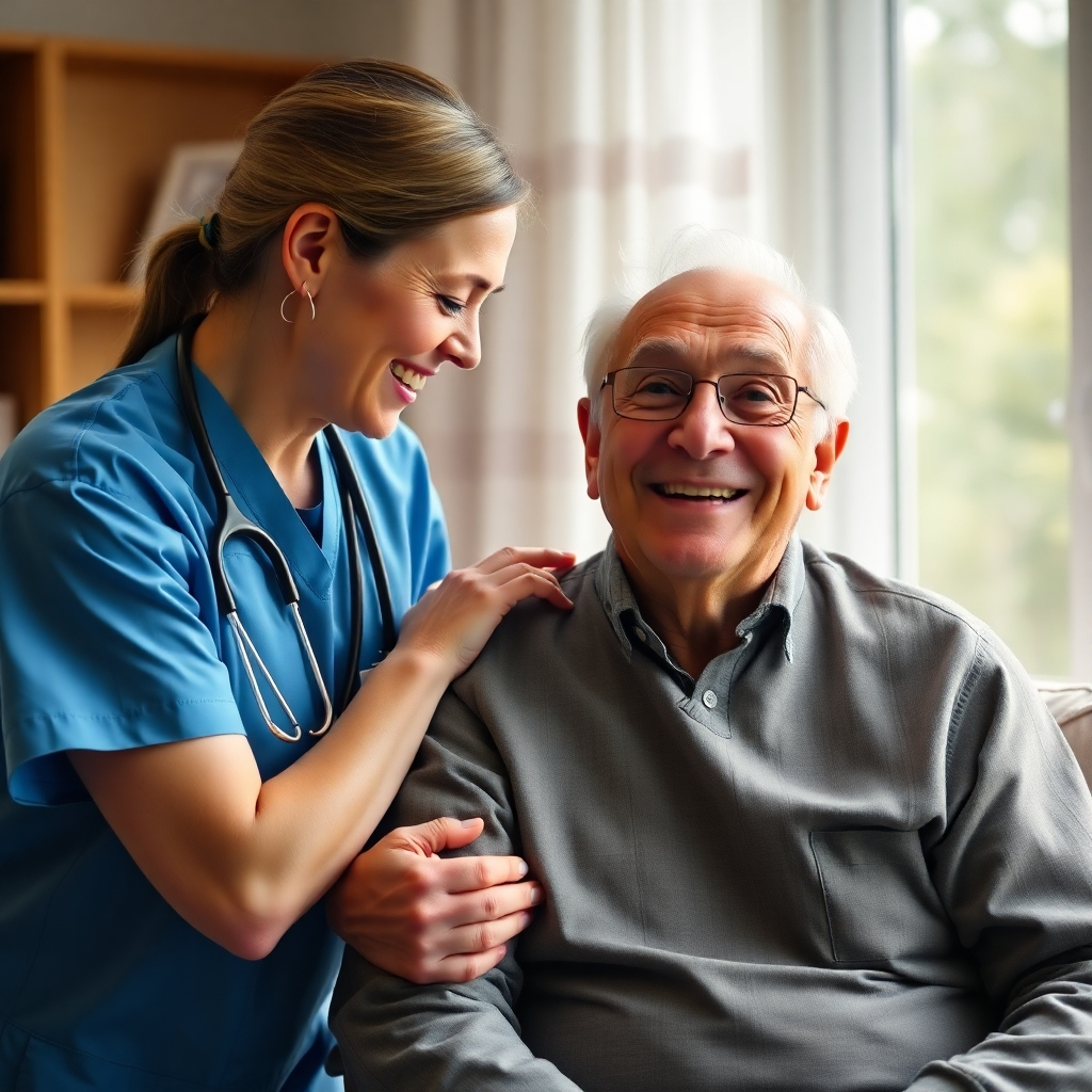 A photorealistic image of a senior care provider gently assisting a smiling elderly man with a kind expression.  The setting could be in a comfortable living room or garden setting.  The image should be bright, warm, and show a genuine connection between the caregiver and the senior.
