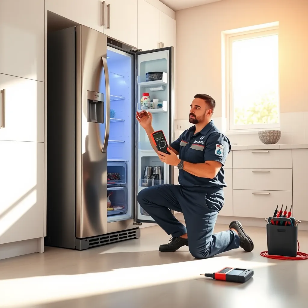A photorealistic image of a skilled SAITS4U technician in a clean, well-lit kitchen, wearing a company uniform. The technician is kneeling beside a modern stainless steel refrigerator with its door ajar, holding a multimeter and inspecting the internal components.  The kitchen has a minimalist design with natural light streaming in from a window, creating a soft, warm atmosphere. Include a small stack of neatly organized repair tools on a nearby countertop. The image should have a professional and reassuring tone, highlighting the technician's expertise and the high-quality service provided by SAITS4U. The image should be rendered in 8K resolution, with hyperrealistic detail and depth of field.