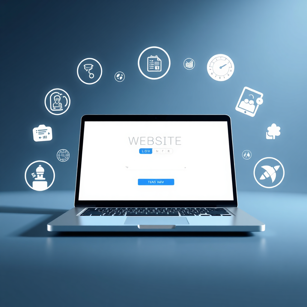A photorealistic image of a sleek laptop displaying a website landing page. The landing page features a clean design with a prominent call-to-action button. Surrounding the laptop are various symbols representing website optimization (SEO icons, speed indicators, user experience elements). The lighting is soft and professional. The color palette is modern and trustworthy, using blues and whites. Capture from a slightly angled perspective, emphasizing the laptop screen's clarity. The scene should evoke a sense of efficiency and conversion.