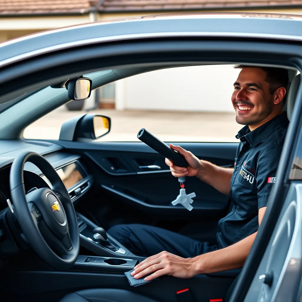 A photorealistic image of a sleek, modern car parked in a driveway. A smiling SAITS4U technician, wearing a branded uniform, is meticulously cleaning the car's interior with specialized tools. The image should convey a sense of convenience and professionalism.