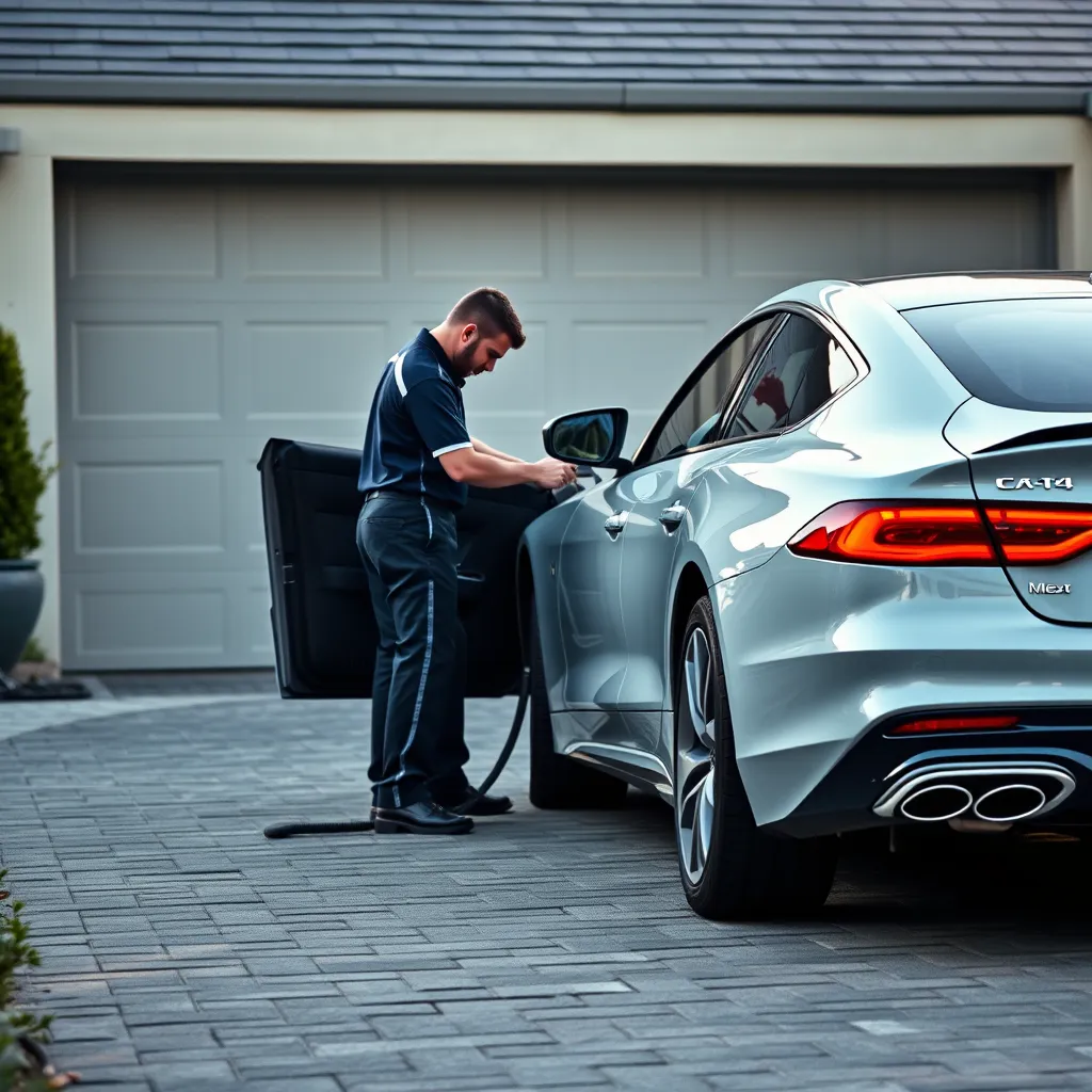 A photorealistic image of a sleek, modern car parked in a driveway with a professional car detailer working on it. The detailer should be wearing a uniform and using professional equipment. The image should convey a sense of convenience and professional service.