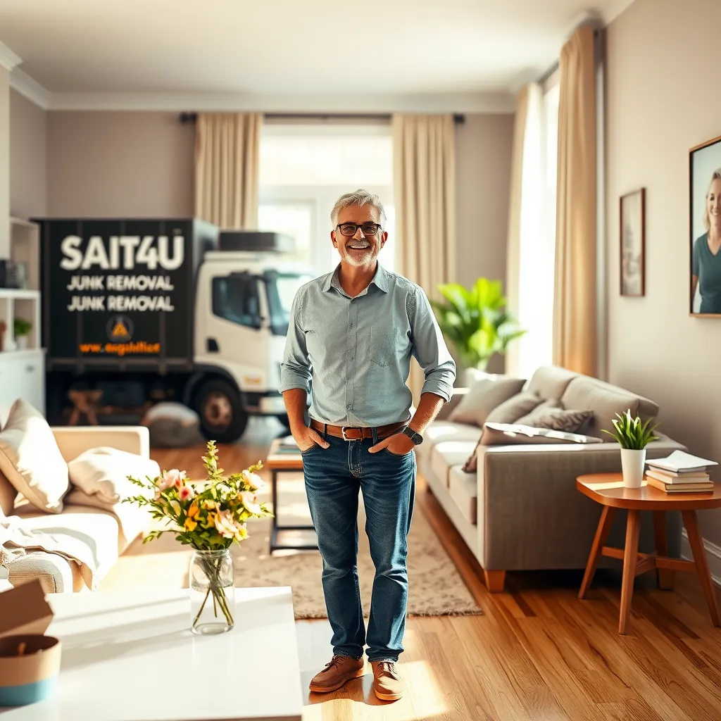 A photorealistic image of a smiling homeowner standing in a clutter-free living room, looking relaxed and satisfied. The room is brightly lit, showcasing a comfortable sofa, a coffee table, and a vase of flowers. In the background, a SAITS4U truck is driving away, representing a smooth and stress-free junk removal experience.