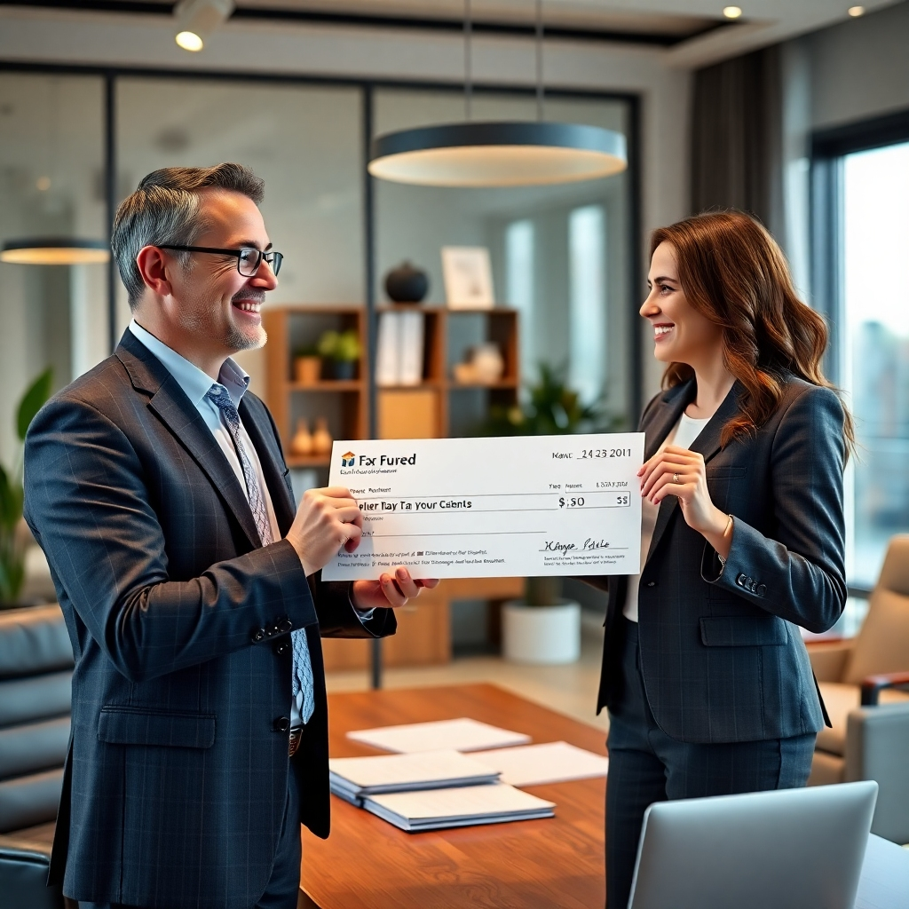 A photorealistic image of a smiling, confident tax consultant handing a large tax refund check to a happy client in a modern, well-lit office. The office should show subtle signs of success and professionalism, such as neatly organized documents and high-end furniture. The scene should convey trust and success.