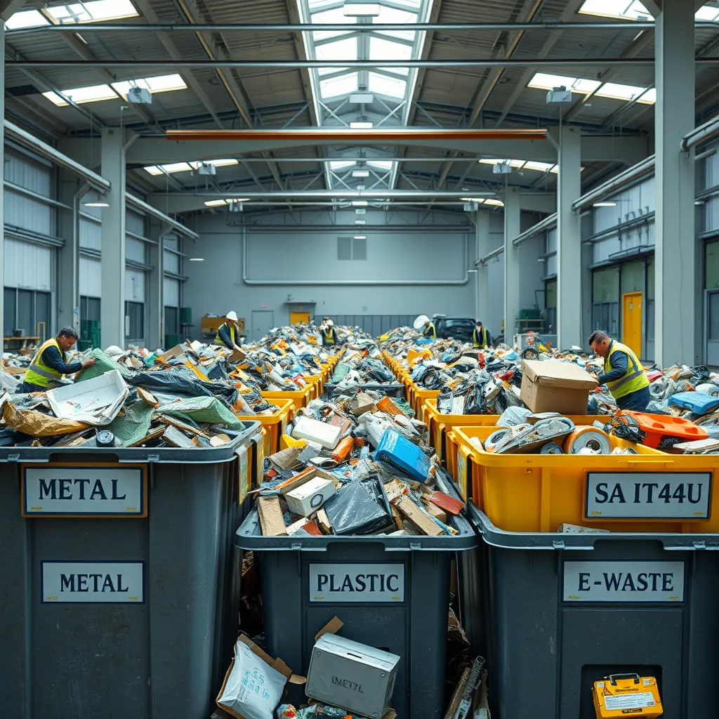 A photorealistic image of a sorting facility with various bins labeled 'Metal', 'Plastic', 'Glass', and 'E-Waste'. Workers are carefully sorting through piles of junk, separating items for recycling and disposal. The scene should be bright and clean, emphasizing the responsible and sustainable practices of SAITS4U.