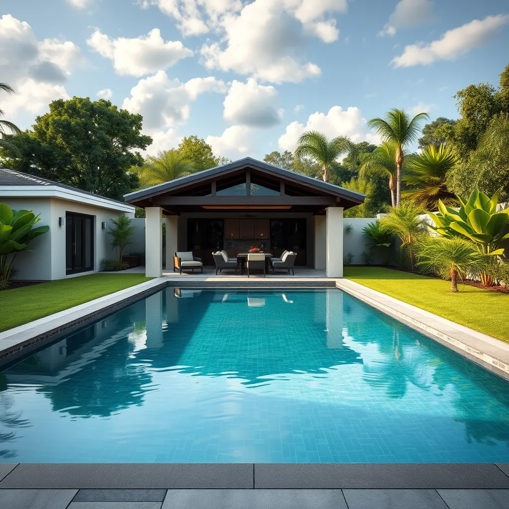 A photorealistic image of a spacious backyard with a swimming pool, a covered dining area, and a lush green lawn. The image should convey a sense of tranquility and luxury, showcasing a well-designed landscape that encourages relaxation and entertainment.
