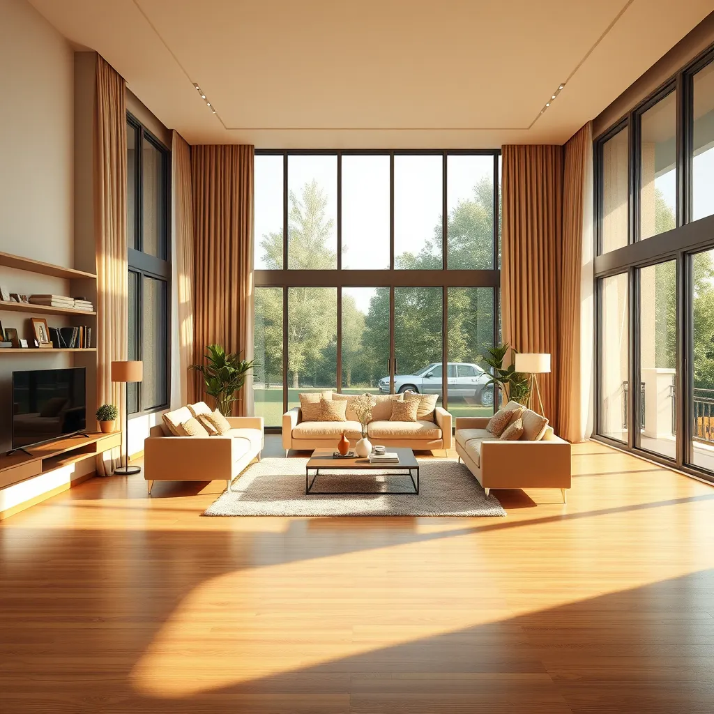 A photorealistic image of a spacious living room with large windows. The room is meticulously clean, with furniture arranged symmetrically. Sunlight streams in from the windows, casting warm, diffused light. Dusting has been done on all surfaces, including shelves, picture frames, and furniture. The floor is spotless, with a faint sheen from recent mopping. The color palette is soft and neutral, with hints of warm tones. The camera angle is slightly elevated, capturing the room from a comfortable perspective. Details like the subtle shine on the polished wood floor and the soft textures of the curtains should be captured. The image should be in 8K resolution, with high levels of detail and a realistic lighting effect.  The overall mood should be calm and inviting, showcasing the cleanliness and order of the room.