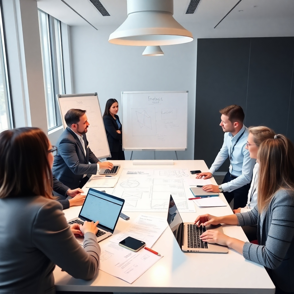 A photorealistic image of a strategic meeting where professionals are brainstorming and collaborating on a project. They are using whiteboards, laptops, and other business tools. The overall look should be clean, modern, and professional.
