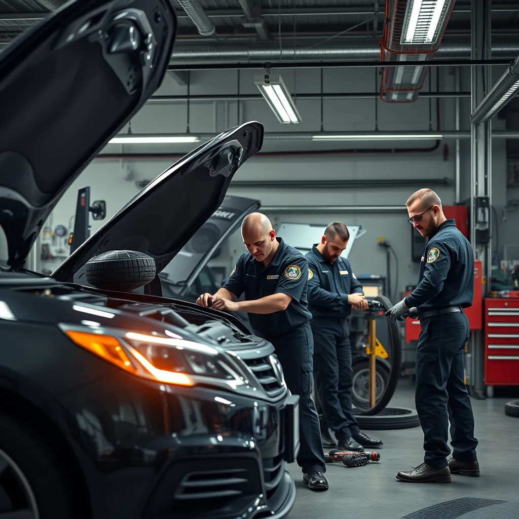 A photorealistic image of a team of mechanics in a well-equipped garage, working on a car. The mechanics should be wearing uniforms and using professional tools. The image should convey a sense of professionalism and expertise.