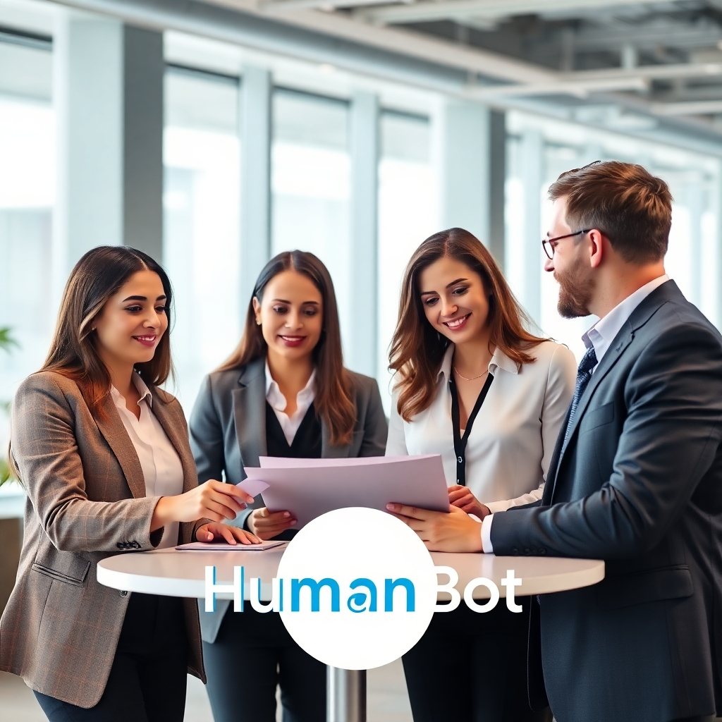 A photorealistic image of a team of consultants collaborating, with a HumanBot logo subtly incorporated. Use a modern and professional setting to convey expertise and trust.