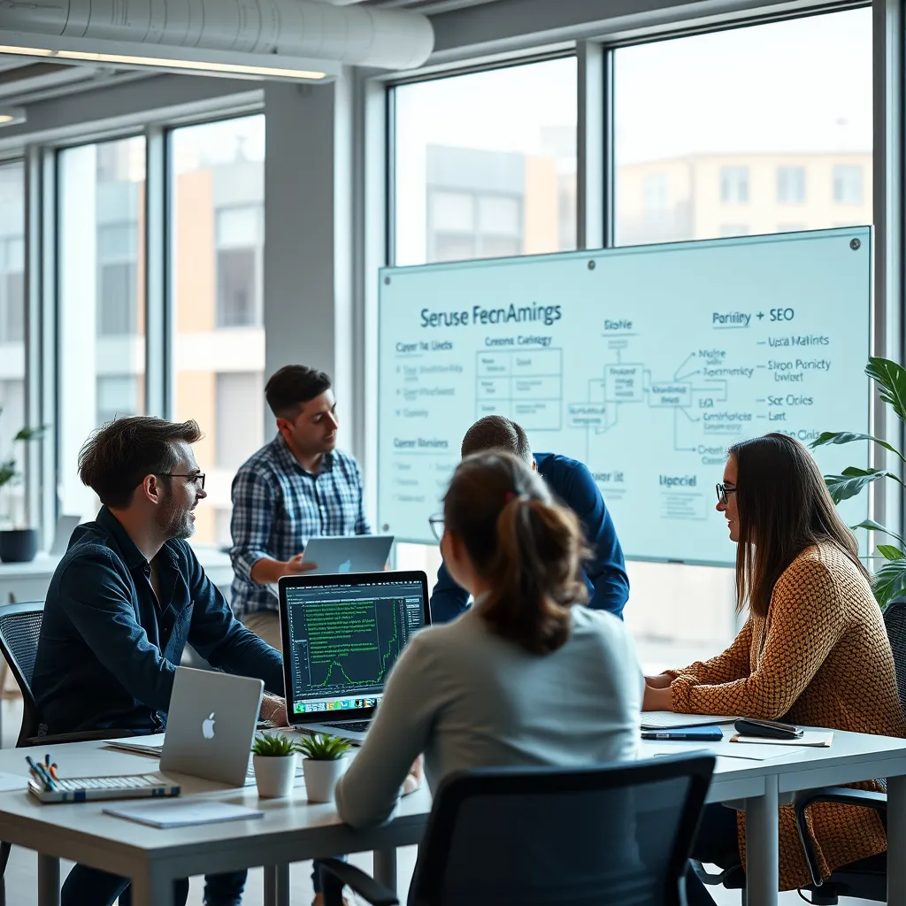 A photorealistic image of a team of web developers and designers working collaboratively in a modern, bright office space. The team is focused on analyzing data and creating engaging content for a website. The image should convey a sense of teamwork, creativity, and data-driven analysis. The lighting should be natural, with large windows providing soft, diffused light. The color palette should be a blend of cool blues and greens, representing innovation and growth. The background should feature a whiteboard with brainstorming ideas for the website's SEO strategy.  The image should have a professional yet approachable style, similar to the work of photographers like Annie Leibovitz.