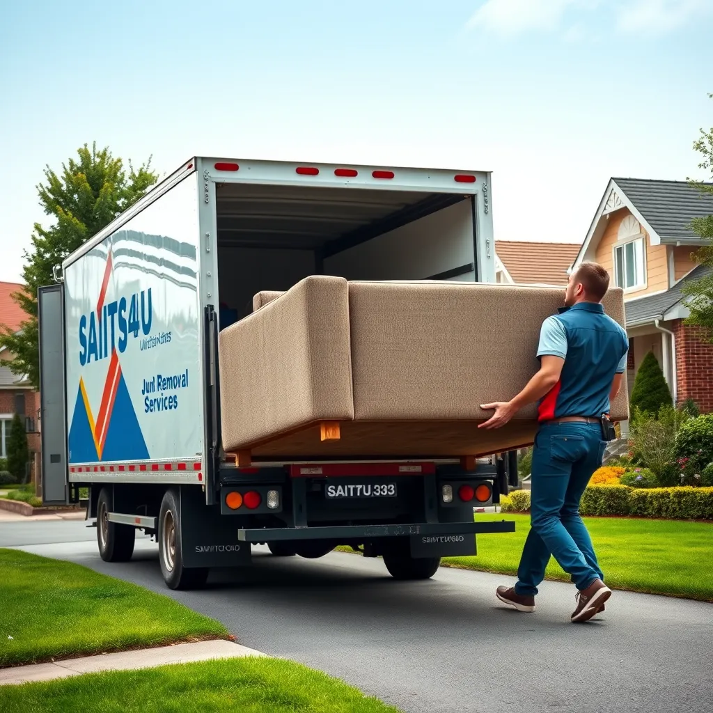 A photorealistic image of a team of two professional movers in uniform, carrying a large couch out of a house and loading it onto a truck. The truck is labeled with the logo 'SAITS4U Junk Removal Services' and has a bright, clean look. The background features a suburban neighborhood with lush green lawns and manicured gardens, conveying a sense of efficiency and professional service.