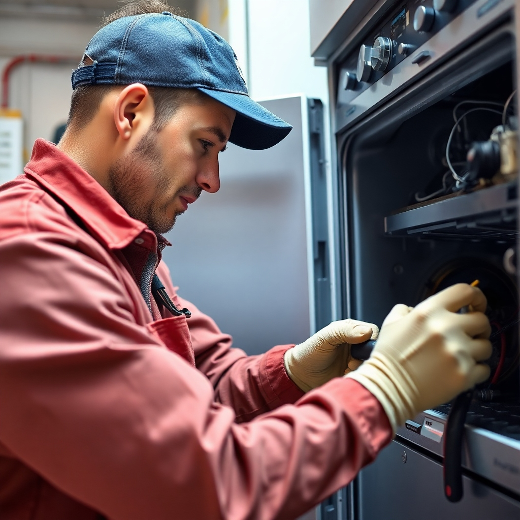 A photorealistic image of a technician efficiently repairing an appliance, highlighting their expertise and professionalism. The focus should be on the quality of service.