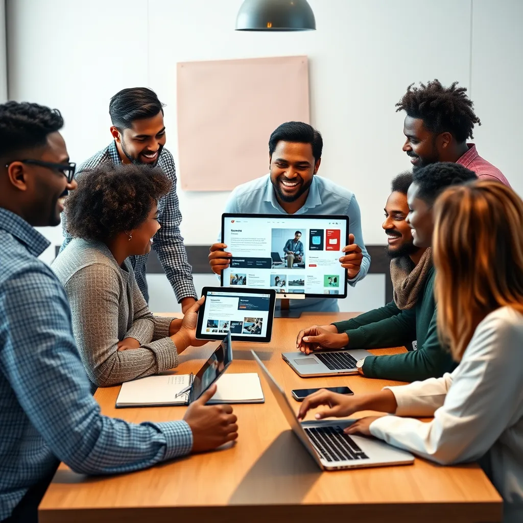 A photorealistic image of a team of diverse web developers working together around a table, laptops open, discussing a website design with a client. The atmosphere is positive and collaborative, with everyone engaged in the conversation. The client is smiling and holding a tablet, showing a website mock-up.