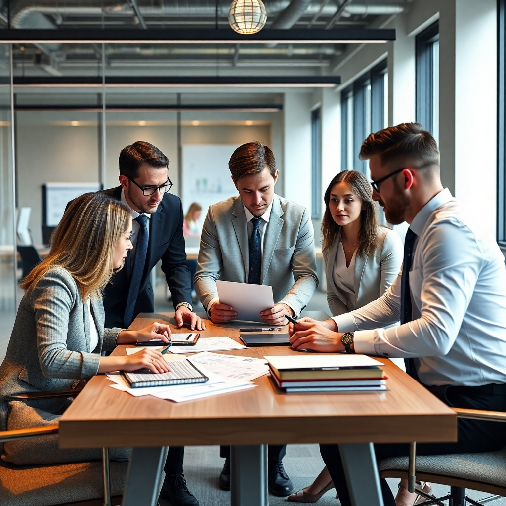 A photorealistic image of a team of professional tax consultants in a modern office, collaborating around a table with financial documents and laptops, showcasing a serious and focused atmosphere.  The image should subtly convey expertise and trust. The background should be a stylish, modern office setting with natural light.