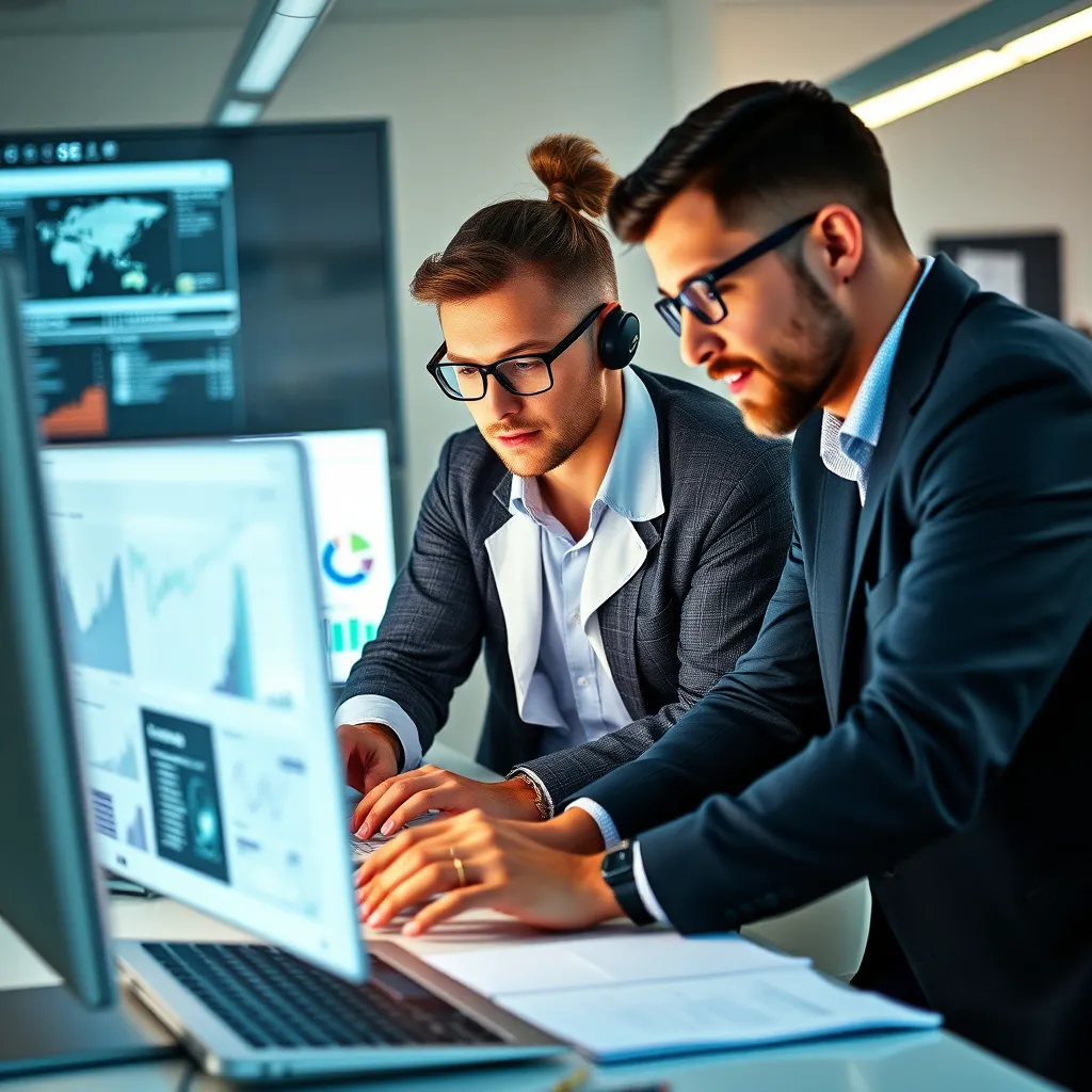 A photorealistic image of a team of SEO specialists working collaboratively on a computer, analyzing data and implementing SEO strategies. The image should convey a sense of expertise, professionalism, and focus, highlighting the use of tools and techniques to optimize website content and improve search engine ranking.