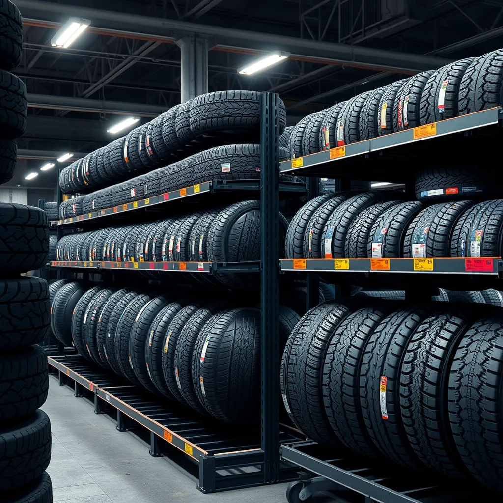 A photorealistic image of a tire display rack in a well-lit auto shop. The rack should be filled with various types and brands of tires, with a focus on showcasing the different tread patterns, sizes, and styles. The image should convey a sense of choice and variety for customers.
