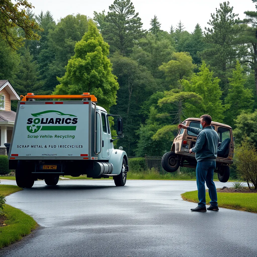 A photorealistic image of a tow truck arriving at a residential driveway, where a person is handing over the keys to an old vehicle. The truck is labeled with a company name and logo indicating scrap metal and vehicle recycling. In the background, a lush green forest symbolizes a sustainable environment.