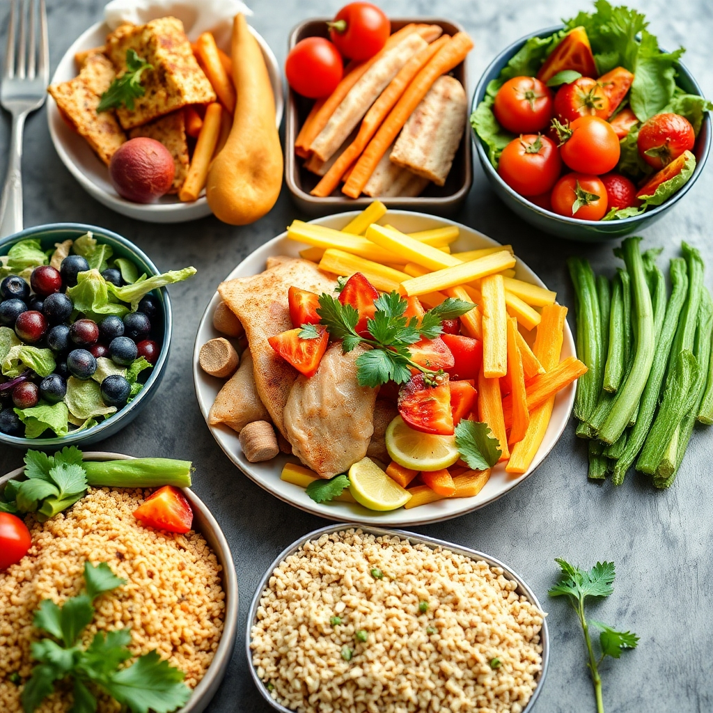 A photorealistic image of a variety of healthy meal options, attractively presented, visually suggesting customization and variety. The photo needs to be vibrant and appetizing.  Include a wide range of colorful fruits, vegetables, lean proteins, and whole grains. Ensure the image is well-lit and has a high depth of field to capture the detail of each food item. The styling should be sophisticated yet approachable, emphasizing both the healthy and delicious aspects of the food.
